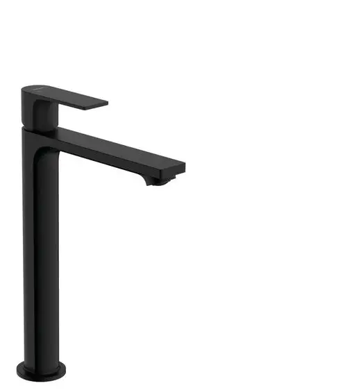 Ein schwarzer hansgrohe Waschtischmischer mit einem langen, flachen Auslauf und einem Hebel zum Regulieren des Wassers, geeignet für Aufsatzwaschtische.